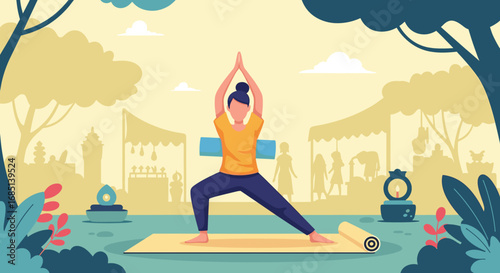 Illustrated woman practicing yoga outdoors in a serene park, promoting wellness, mindfulness, and a healthy lifestyle. Ideal for health, fitness, or relaxation concepts.