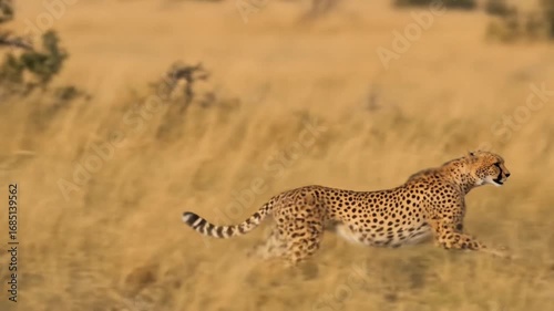 A cheetah running in slow motion chasing prey.