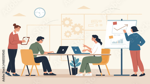 Team of professionals collaborating in a modern office, reviewing data and planning strategy. Ideal for business, productivity, and corporate themes.