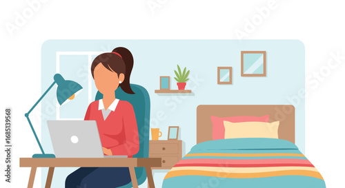 Woman working remotely on a laptop at a desk in her cozy bedroom, representing home office productivity and modern lifestyle.