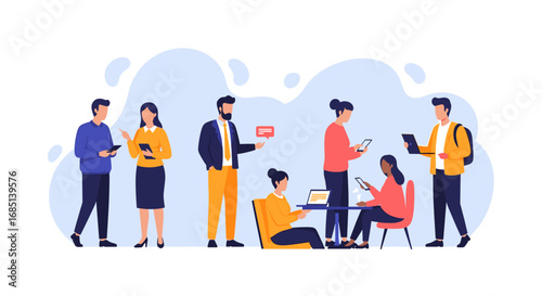 Diverse group of professionals collaborating and communicating with digital devices. Represents modern business, teamwork, networking, and social media interaction.