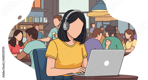 Focused woman with headphones working on laptop in a busy cafe. Represents remote work, productivity, and modern lifestyle balance.
