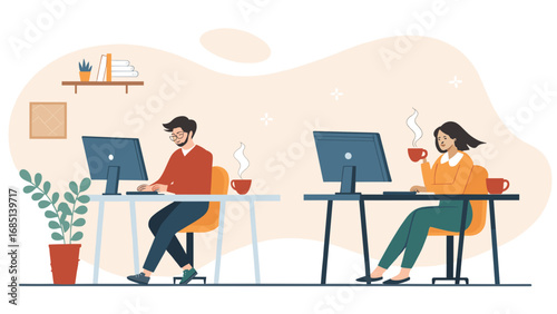 Professional man and woman working remotely on computers, enjoying coffee in a modern office. Represents productivity, teamwork, and digital lifestyle.