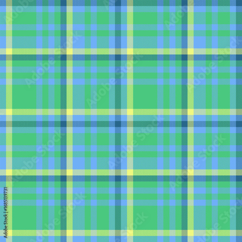 Seamless plaid pattern in vibrant green, blue, and yellow. Classic textile design perfect for backgrounds, fabrics, and creative projects. Versatile, timeless, and visually appealing.