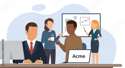 Business professionals collaborating in an office meeting. A woman presents data on a whiteboard while colleagues discuss strategy and project goals. Ideal for corporate and teamwork concepts.