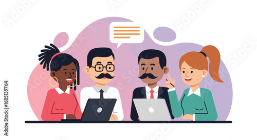 Diverse business team collaborating on laptops in a meeting, fostering teamwork, communication, and innovative ideas. Ideal for corporate concepts.