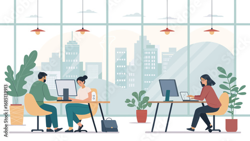 Professionals collaborate and work efficiently in a modern, bright office with a city view. Ideal for business, productivity, or remote work concepts.