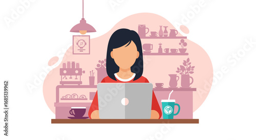 Woman working remotely on laptop in a stylish cafe setting. Perfect for themes of productivity, freelance, online business, and digital lifestyle.
