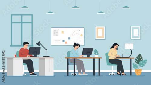 Professionals collaborate and work diligently at computers in a modern office, depicting productivity, teamwork, and a thriving business environment.