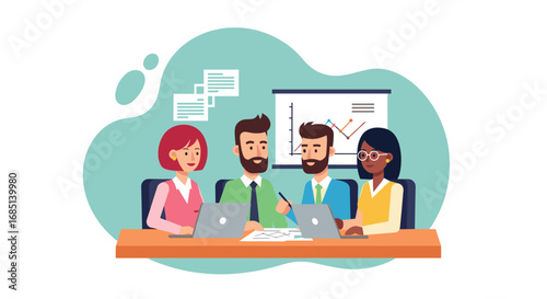 Diverse business team collaborating in a meeting, analyzing data and discussing strategy. Ideal for concepts of teamwork, productivity, and corporate success.