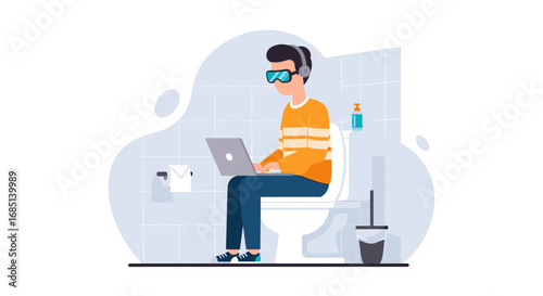 A man uses a laptop with VR glasses and headphones while on the toilet, representing extreme remote work, multitasking, or digital immersion in daily life.