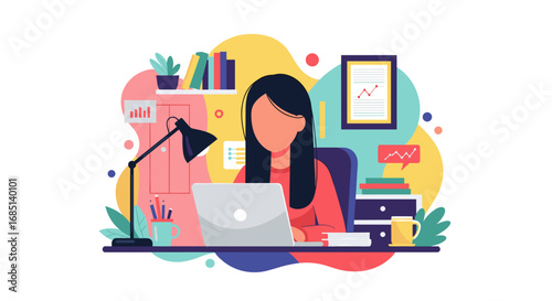 Woman working remotely on a laptop at her home office desk, surrounded by business documents, books, and a plant. Represents modern productivity and dedicated work life.