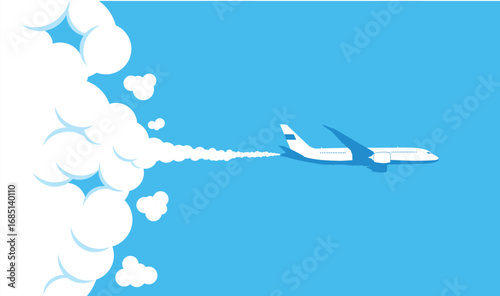 Airplane in blue sky takes off from clouds leaving trail behind. Illustration, editable vector template for webpage header.