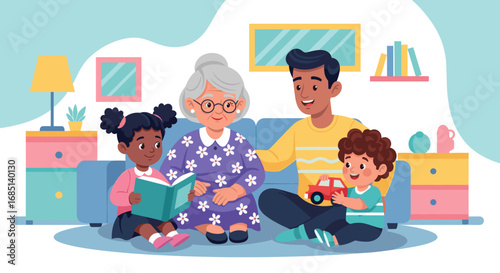 Diverse family enjoying quality time at home. Grandmother reads with a child, while a father plays with his son, illustrating warmth and togetherness.
