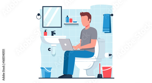 Man multitasking on his laptop while sitting on a toilet, illustrating remote work, flexible schedules, or a humorous take on work-life balance.