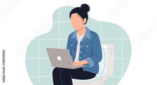 An illustration of a woman multitasking, working on her laptop while sitting on a toilet. Represents remote work, productivity, and the blurred lines of work-life balance in a modern, casual setting.