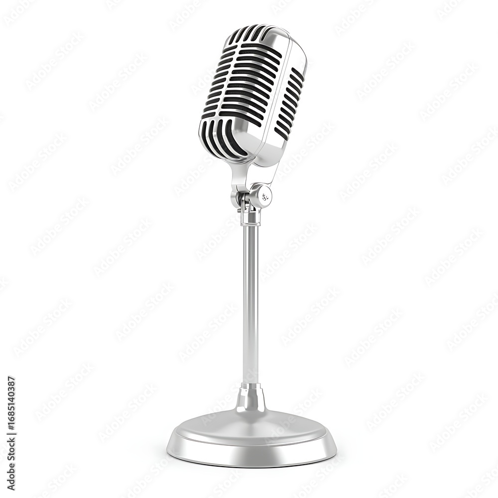 Fototapeta premium Classic retro microphone stand isolated on white background for audio projects.