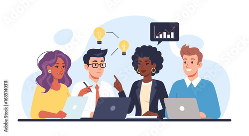 Diverse team collaborates in a business meeting, brainstorming ideas and analyzing growth data. Represents teamwork, innovation, and strategic planning.