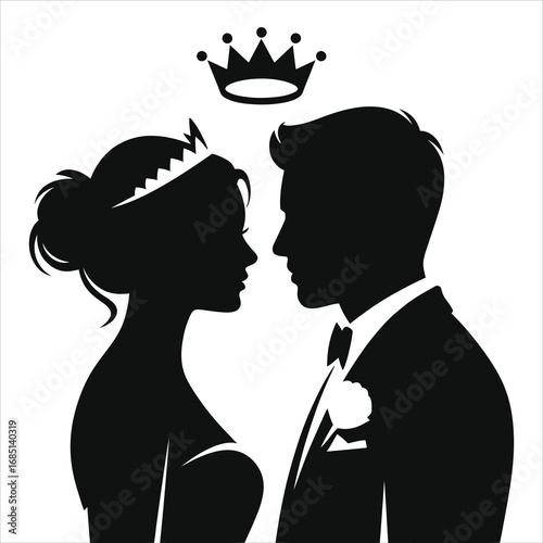 Romantic Bride and Groom Silhouette with Crown, Elegant Wedding Couple Vector Art for Invitations, Love Cards, Decor