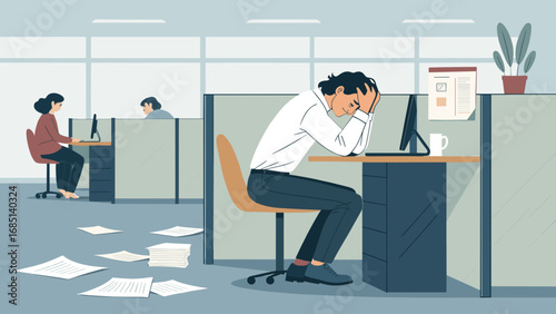 Stressed businessman overwhelmed by heavy workload in a busy office, suffering from burnout. Illustrates workplace pressure and mental fatigue.