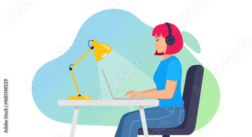 Focused woman with headphones working on her laptop at a desk. Ideal for illustrating remote work, online education, or digital productivity.