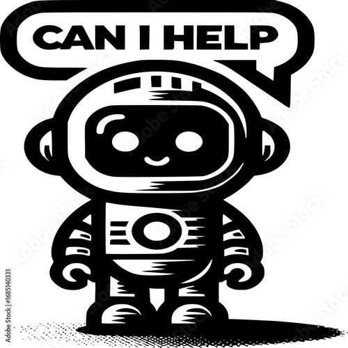 Robotic Assistant: This monochrome illustration depicts a friendly robot offering assistance. Its speech bubble poses a question.