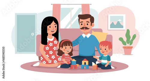 Happy family with two children playing with colorful building blocks on the living room floor. Represents joyful family bonding and childhood development at home.