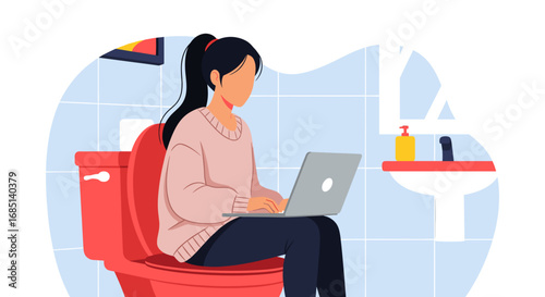 Woman working on laptop while sitting on the toilet, illustrating remote work, privacy, and modern work-life integration in an unconventional space.