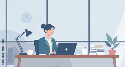 Smiling professional woman diligently works on her laptop at a modern office desk, highlighting productivity and a positive work environment. Ideal for business and lifestyle themes.