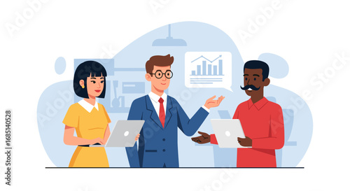 Diverse business professionals collaborate in a modern office, analyzing data and discussing strategy for growth. Ideal for themes of teamwork, presentation, and financial success.