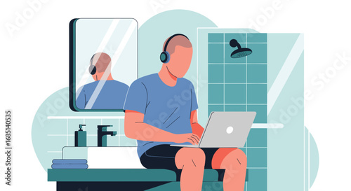 A person wearing headphones works remotely on a laptop in a modern bathroom. Depicts flexible work, home office, and digital lifestyle.
