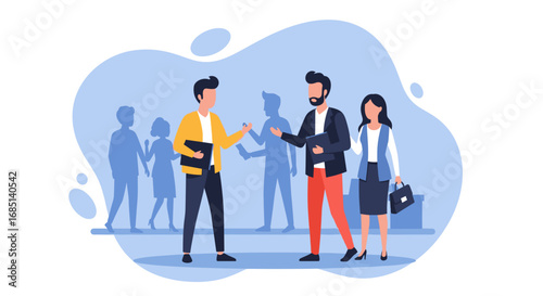 Professional business people collaborating in a modern office or networking event. Illustrates teamwork, communication, and corporate partnership for various business concepts.