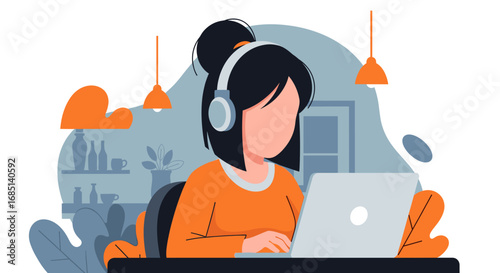 Woman in headphones focused on laptop, working or learning remotely from a modern home office. Ideal for business, technology, or lifestyle concepts.