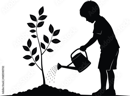 Child watering plant silhouette vector, nature care, environmental growth, young tree, soil, watering can, black illustration, eco concept, nurturing scene