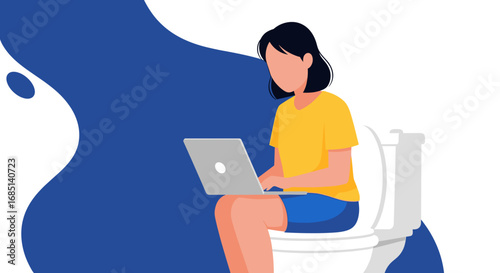 Illustrated woman uses a laptop while sitting on a toilet, depicting remote work, multitasking, and the blurring lines of modern productivity.