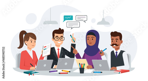 Diverse business team collaborating in a modern office, discussing ideas and projects. Represents teamwork, communication, and global business solutions.