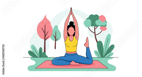 Woman practices yoga outdoors, achieving peace and balance in a serene park setting. Ideal for wellness, fitness, and healthy lifestyle content.