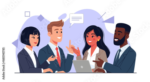 Diverse business professionals collaborate in a modern office meeting, discussing ideas and sharing insights, symbolizing teamwork and communication.