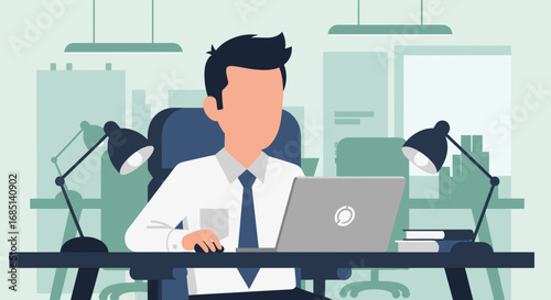 Professional man diligently working on a laptop at a modern office desk. Concept of business, productivity, remote work, and corporate career.