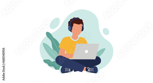 Focused person with headphones using a laptop while sitting cross-legged. Perfect for remote work, online education, freelancing, or digital lifestyle concepts.