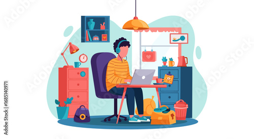 Person working remotely from home with a laptop, depicting remote work, online education, or a digital nomad lifestyle. Ideal for business, technology, and lifestyle themes.