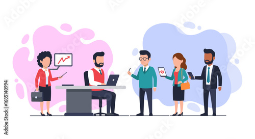 Diverse business professionals collaborate in a modern office, utilizing technology for communication, data analysis, and growth. Represents teamwork, strategy, and digital transformation in business.