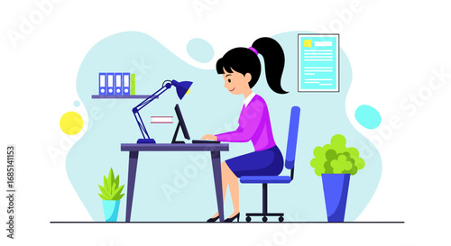 Productive young woman focused on her laptop at a modern workspace, perfect for business, education, or remote work concepts.