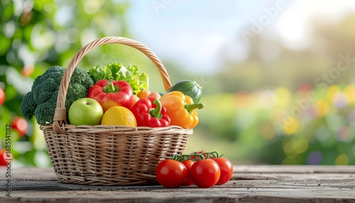 Basket of fresh organic vegetables and fruits on rustic wooden table, natural eco-friendly agriculture display.