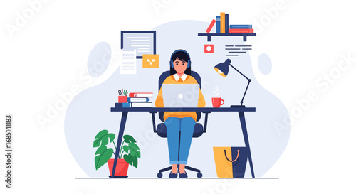 Young woman working remotely at her home office desk with a laptop and headphones, surrounded by books and office supplies.
