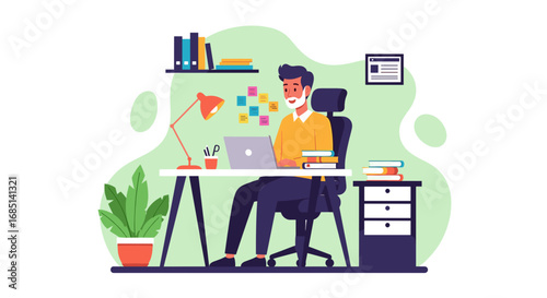 Focused man with beard working remotely on laptop at his home office desk. Ideal for business, freelance, education, or modern lifestyle concepts.