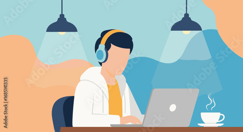 Person working remotely with laptop and headphones, enjoying a hot drink in a modern, casual setting. Ideal for themes of online education, telecommuting, and digital lifestyle.