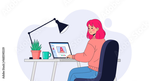 Young woman engaged in a video call or virtual meeting on her laptop at a modern desk setup. Illustrates remote work, digital communication, business collaboration, and modern lifestyle.