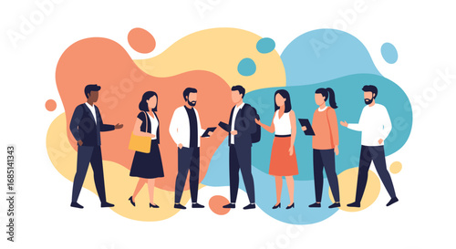 Diverse business professionals collaborate and communicate in a modern, dynamic setting, ideal for concepts like teamwork, networking, and corporate development.