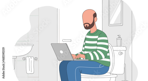 Man using a laptop while on the toilet, illustrating remote work, multitasking, and the blurred lines of modern life. Concept of home office productivity.